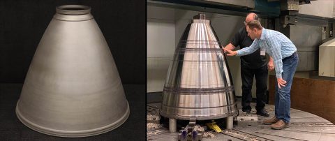 Blown powder directed energy deposition can produce large structures – such as these engine nozzles – cheaper and quicker than traditional fabrication techniques. (NASA) Blown powder directed energy deposition can produce large structures – such as these engine nozzles – cheaper and quicker than traditional fabrication techniques. (NASA)