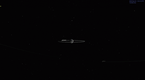 This animation from NASA's Center for Near-Earth Object Studies depicts asteroid 2020 SW's trajectory as it safely passes Earth on Sept. 24, 2020. Also shown is the location of a typical geosynchronous satellite (labeled "GEOSAT"), orbiting 22,000 miles (36,000 kilometers) above Earth's equator. (NASA/JPL-Caltech)