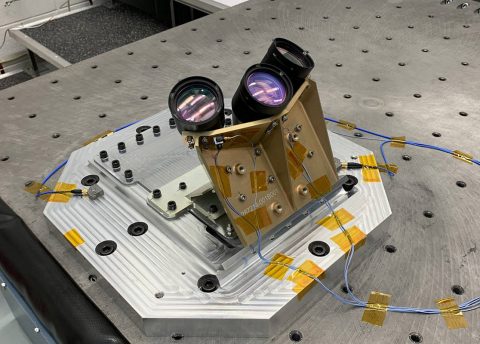 NASA’s navigation Doppler lidar instrument is comprised of a chassis, containing electro-optic and electronic components, and an optical head with three telescopes. (NASA)