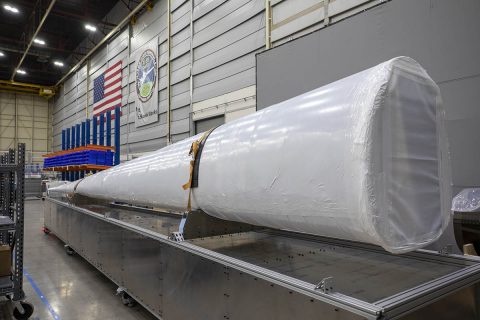 The unique, elongated nose for NASA’s X-59 Quiet SuperSonic Technology, or QueSST, aircraft is a critical element in NASA’s design to reduce the loud sonic boom, heard from supersonic aircraft, to no more than a quiet thump. Seen here at Lockheed Martin’s Skunk Works facility in Palmdale, California, the nose for the X-59 is over 30 feet long – long enough for pilots to require an innovative virtual system to see beyond the front of the aircraft. (Lockheed Martin)