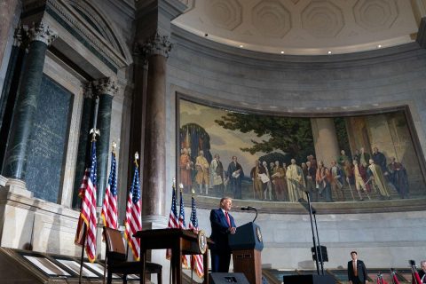 President Donald Trump delivers remarks at the White House Conference on American History. (White House)