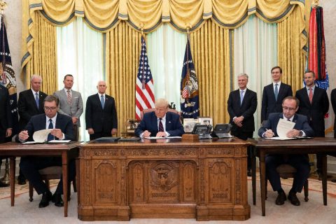 President Donald Trump participates in a signing ceremony with Serbian President Aleksandar Vu?i? and Kosovo Prime Minister Avdullah Hoti. (White House)