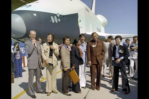The creator and cast members of Star Trek attend the rollout of Space Shuttle Enterprise with NASA Administrator Fletcher (at left). (NASA) The creator and cast members of Star Trek attend the rollout of Space Shuttle Enterprise with NASA Administrator Fletcher (at left). (NASA)