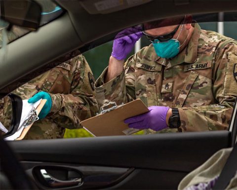 Tenenssee National Guard Soldiers assigned to Task Force Medical conduct COVID-19 testing at the drive-thru testing site in Coffee County on April 19th.