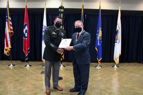 Clemmer presents the ROTC Hall of Fame certificate to retired Lt. Col. Greg Lane. (APSU)