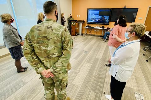 A team of Blanchfield Army Community Hospital Soldiers and Department of the Army Civilians gathered for a virtual award ceremony on Fort Campbell, Kentucky, Oct. 21. U.S. Army Surgeon General and Commanding General, U.S. Army Medical Command Lt. Gen. R. Scott Dingle and Army Medicine Chief of Staff and Chief of the Army Medical Department Civilian Corps Mr. Richard Beauchemin logged in and virtually presented the team with the coveted Army Medicine Wolf Pack award for their innovative process-improvement initiative to streamline patient access to behavioral health resources within the hospital’s primary care clinics to enhance patient outcomes and medical readiness. 