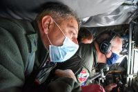 Dignitaries with the Bulgarian Armed Forces observe an in-flight a refueling, Oct. 7, while onboard a KC-135 Stratomaker aircraft assigned to the 134th Air Refueling Wing, based in Knoxville. The Bulgarian officials were on their way to Tennessee to spend time with the Tennessee National Guard, after signing a new training roadmap, renewing their partnership with the United States through 2030. (Staff Sgt. Timothy Cordeiro, Tennessee National Guard Public Affairs Office)