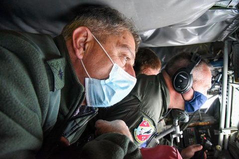 Dignitaries with the Bulgarian Armed Forces observe an in-flight a refueling, Oct. 7, while onboard a KC-135 Stratomaker aircraft assigned to the 134th Air Refueling Wing, based in Knoxville. The Bulgarian officials were on their way to Tennessee to spend time with the Tennessee National Guard, after signing a new training roadmap, renewing their partnership with the United States through 2030. (Staff Sgt. Timothy Cordeiro, Tennessee National Guard Public Affairs Office)