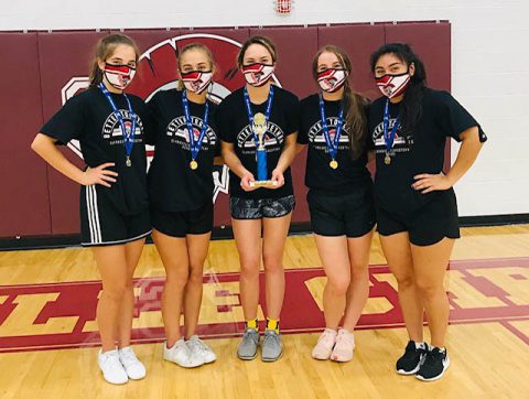 Clarksville Christian School Varsity Cheer Squad (Left to Right) Mackenzie Prather, Avery Moser, Eliita Middleton, Eme Beck, and Chalan Sanders.