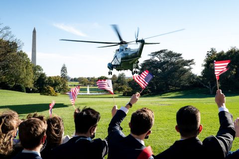 Marine One carrying President Donald J. Trump lifts off from the South Lawn. (White House)