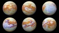 These infrared images of Saturn’s moon Titan represent some of the clearest global views of the icy moon’s surface. The views were created using 13 years of data acquired by the Visual and Infrared Mapping Spectrometer instrument onboard NASA’s Cassini spacecraft. (NASA/JPL-Caltech/University of Nantes/University of Arizona)