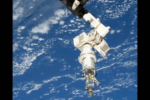 The International Space Station's Dextre robotic arm uses the Visual Inspection Poseable Invertebrate Robot 2 (VIPIR2) tool to complete operations on Robotic Refueling Mission 3 (RRM3). (NASA)