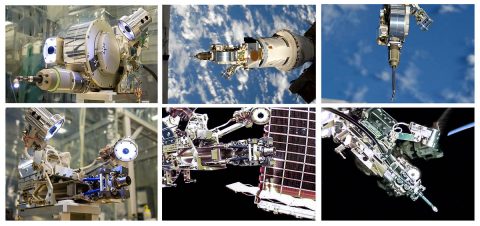 Visual Inspection Poseable Invertebrate Robot 2 (VIPIR2) before launch (top left), and in space during operations (top middle, top right); and Cryogen Servicing Tool (CST) before launch (bottom left), and in space during operations (bottom middle, bottom right). (NASA)