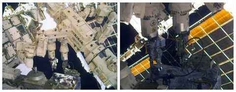 For the first time, Dextre simultaneously uses its two arms to wield robotic refueling tools. The right arm uses the Cryogen Servicing Tool to maneuver a cryogen hose, and the left uses Visual Inspection Poseable Invertebrate Robot 2, an inspection camera, to verify placement. (NASA)