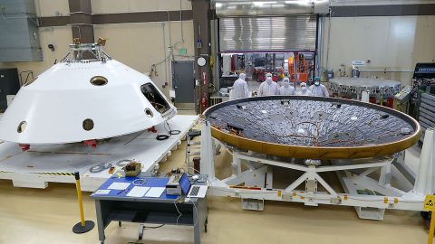 MEDLI2 sensors are installed on the Mars 2020 heat shield and back shell prior that will protect NASA's Perseverance rover on its journey to the surface of Mars. (Lockheed Martin)