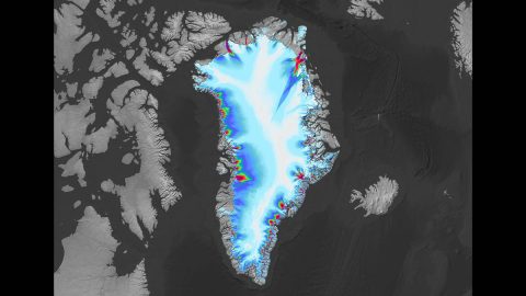 Greenland appears in this image created using data from the ITS_LIVE project, hosted at NASA's Jet Propulsion Laboratory. The coloring around the coast of the arctic island shows the speed of outlet glaciers flowing into the ocean. (NASA/JPL-Caltech/USGS) Greenland appears in this image created using data from the ITS_LIVE project, hosted at NASA's Jet Propulsion Laboratory. The coloring around the coast of the arctic island shows the speed of outlet glaciers flowing into the ocean. (NASA/JPL-Caltech/USGS)