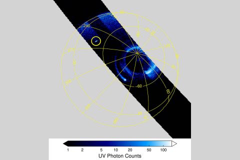 The south pole of Jupiter and a potential transient luminous event - a bright, unpredictable, and extremely brief flash of light - is seen in this annotated image of data acquired on April 10, 2020, from Juno's UVS instrument. (NASA/JPL-Caltech/SwRI)