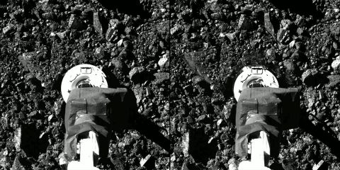 Captured on October 20th during the OSIRIS-REx mission’s Touch-And-Go (TAG) sample collection event, this series of 2 images shows the SamCam imager’s field of view at the moment before and after the NASA spacecraft touched down on asteroid Bennu’s surface. (NASA/Goddard/University of Arizona)