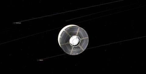 This illustration of the Mars 2020 spacecraft in interplanetary space was generated using imagery from NASA's Eyes on the Solar System. The image is from the mission's midway point between Earth and Mars. (NASA/JPL-Caltech)