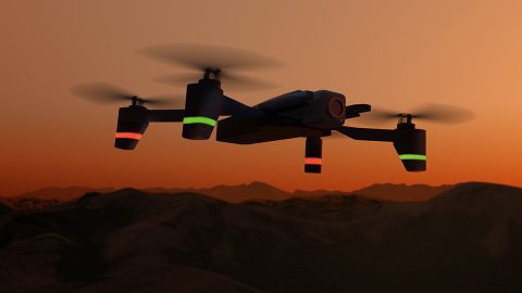 Illustration of an Unmanned Aircraft System, or drone, in front of a smoke-filled sky. A goal of the Scalable Traffic Management for Emergency Response Operations project, or STEReO, is to make emergency response efforts more targeted and adaptable, for instance by integrating drones into wildfire fighting. (NASA / Ames Research Center / Daniel Rutter)