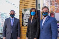 Clarksville Mayor Joe Pitts, Visit Clarksville Chair Ginna Holleman and TDTD Commissioner Mark Ezell at the Roxy Regional Theatre’s “Tennessee Music Pathways” Marker.