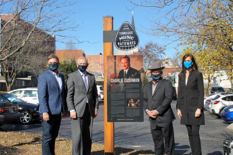 Commissioner Mark Ezell, Clarksville Mayor Joe Pitts, Charlie Cushman, Visit Clarksville Board Chair Ginna Holleman with the Cushman “Tennessee Music Pathways” Marker.