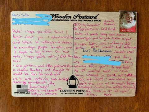 Austin Peay State University student Victoria Bolkcom shared this wooden postcard she recently received from Hero Seto, a graduate student in Oregon. (APSU)