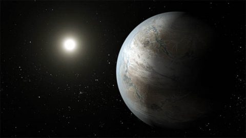 This illustration depicts one possible appearance of the planet Kepler-452b, the first near-Earth-size world to be found in the habitable zone of a star similar to our Sun. (NASA Ames/JPL-Caltech/T. Pyle)