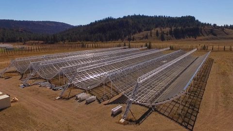 This aerial view shows the Canadian Hydrogen Intensity Mapping Experiment (CHIME), a radio telescope located at Dominion Radio Astrophysical Observatory in British Columbia. (Richard Shaw/UBC/CHIME Collaboration)