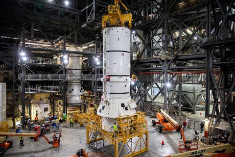 The solid rocket boosters are the first components of the SLS rocket to be stacked and will help support the remaining rocket pieces and the Orion spacecraft. (NASA/Kim Shiflett) The solid rocket boosters are the first components of the SLS rocket to be stacked and will help support the remaining rocket pieces and the Orion spacecraft. (NASA/Kim Shiflett)