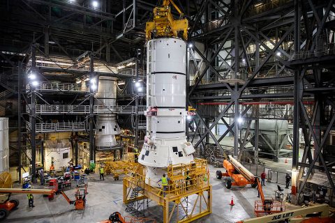 The solid rocket boosters are the first components of the SLS rocket to be stacked and will help support the remaining rocket pieces and the Orion spacecraft. (NASA/Kim Shiflett)