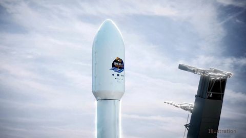 This illustration shows the SpaceX Falcon 9 rocket's nose cone, with the Sentinel-6 Michael Freilich satellite inside, shortly before launch. (SpaceX) This illustration shows the SpaceX Falcon 9 rocket's nose cone, with the Sentinel-6 Michael Freilich satellite inside, shortly before launch. (SpaceX)