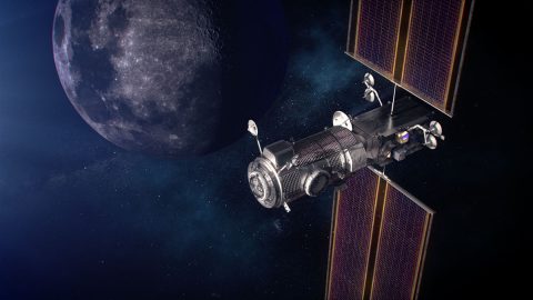 Artist's concept of the Gateway Power and Propulsion Element, or PPE, and Habitation and Logistics Outpost, or HALO, in orbit around the Moon. The gold box on the right side of the image depicts the HERMES payload. The ERSA payload is the silver box just below it. (NASA) Artist's concept of the Gateway Power and Propulsion Element, or PPE, and Habitation and Logistics Outpost, or HALO, in orbit around the Moon. The gold box on the right side of the image depicts the HERMES payload. The ERSA payload is the silver box just below it. (NASA)