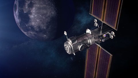 Artist's concept of the Gateway Power and Propulsion Element, or PPE, and Habitation and Logistics Outpost, or HALO, in orbit around the Moon. The gold box on the right side of the image depicts the HERMES payload. The ERSA payload is the silver box just below it. (NASA)