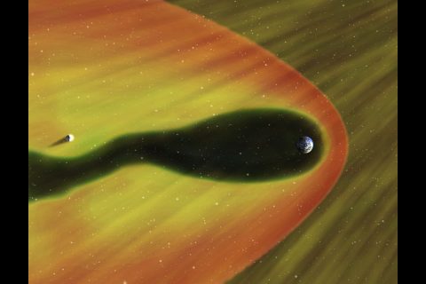 Artist rendition showing the flapping of the magnetosphere (dark region), which leaves the Moon exposed to energized particles in the solar wind (yellow-orange). Gateway’s path around the Moon, the near-rectilinear halo orbit, will pass briefly through the elongated tail of Earth’s magnetosphere. (E. Masongsong, UCLA EPSS)