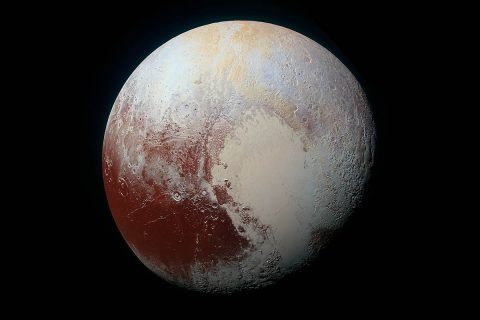 Enhanced color global view of Pluto, taken when NASA’s New Horizons spacecraft was 280,000 miles (450,000 kilometers) away. (NASA/JHUAPL/SwRI)