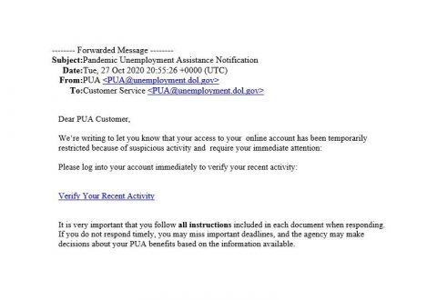 Example of fraudulent email about unemployment benefits.