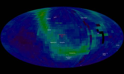 The ribbon remains one of IBEX’s biggest discoveries. It refers to a vast, diagonal swath of energetic neutrals, painted across the front of the heliosphere. (NASA/IBEX)