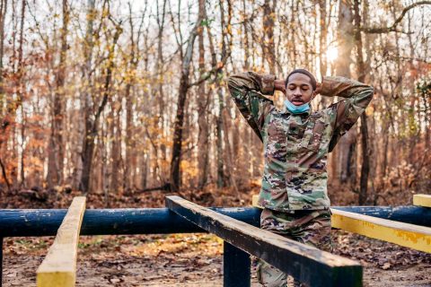 Austin Peay State University junior cadet Devin Antoine negotiates the “leg over” at the Air Assault School obstacle course. (APSU)