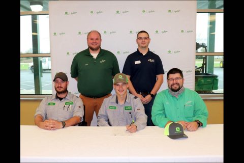 (L-R: Front Row) Huston Ag Technician Jacob Van Pelt, Apprentice Landen Humphries and Hutson Service Manager Brad Wagoner. (Second Row) Hutson Parts Manager and Store Lead Shon Stewart and  HCC Diesel Technology Program Coordinator Jacob Dougherty.