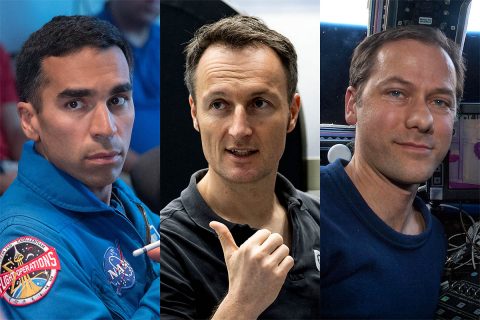 The members of the SpaceX Crew-3 mission to the International Space Station. Pictured from left are NASA astronauts Raja Chari and Tom Marshburn, and ESA (European Space Agency) astronaut Matthias Maurer. (NASA/ESA)