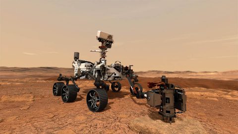 In this illustration, NASA's Mars 2020 rover uses its drill to core a rock sample on Mars. (NASA/JPL-Caltech)