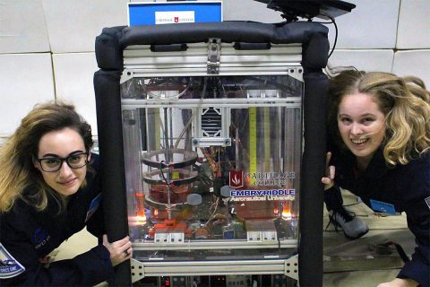 With support from NASA’s Flight Opportunities program, Carthage College and its partner Embry-Riddle Aeronautical University are testing a new method of suppressing propellant slosh by using magnetic forces. Students Taylor Peterson (left) and Celestine Ananda are shown here with the flight experiment on a parabolic flight with ZERO-G in November 2019. (Carthage College)