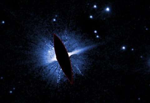 This Hubble Space Telescope image shows the environment around double star HD 106906. The brilliant light from these stars is masked here to allow fainter features in the system to be seen. (Credits: NASA, ESA, M. Nguyen (University of California, Berkeley), R. De Rosa (European Southern Observatory), and P. Kalas (University of California, Berkeley and SETI Institute))