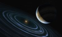 The 11-Jupiter-mass exoplanet called HD 106906 b, shown in this artist’s illustration, occupies an unlikely orbit around a double star 336 light-years away. It may be offering clues to something that might be much closer to home: a hypothesized distant member of our solar system dubbed “Planet Nine.” (NASA, ESA, and M. Kornmesser (ESA/Hubble))