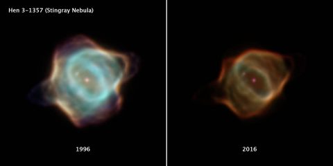 This image compares two drastically different portraits of the Stingray nebula captured by NASA’s Hubble Space Telescope 20 years apart. The image on the left, taken with the Wide Field and Planetary Camera 2 in March 1996, shows the nebula’s central star in the final stages of its life. The gas being puffed off by the dying star is much brighter when compared to the image of the nebula at the right, captured in January 2016 using the Wide Field Camera 3. (NASA, ESA, B. Balick (University of Washington), M. Guerrero (Instituto de Astrofísica de Andalucía), and G. Ramos-Larios (Universidad de Guadalajara))