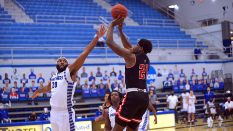 Austin Peay State University Men's Basketball senior Terry Taylor nails last second shot to give the Govs a 74-71 win over Eastern Illinois, Saturday. (APSU Sports Information)