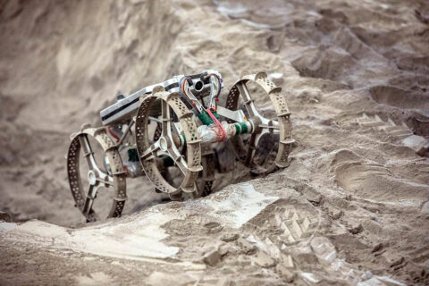 The Astrobotic CubeRover traverses the terrain in the Granular Mechanics and Regolith Operations Laboratory regolith bin at NASA’s Kennedy Space Center in Florida on Dec. 10, 2020. The regolith bin simulates the mechanical properties of the Moon’s surface. NASA and Astrobotic employees put the CubeRover through a series of more than 150 mobility tests over several days to evaluate and improve wheel design. (NASA/Kim Shiflett)