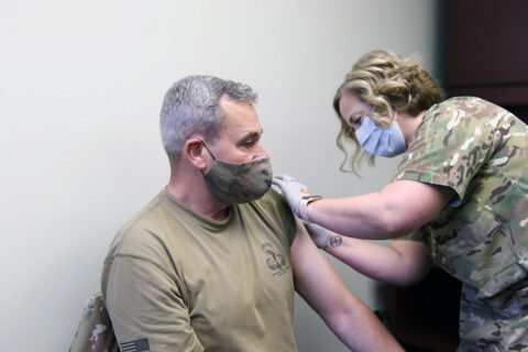 101st Airborne Division (Air Assault) and Fort Campbell Commanding General Maj. Gen. Brian E. Winski received the COVID-19 vaccine recently at Blanchfield Army Community Hospital, displaying his confidence in the science behind the vaccine. Winski shared his enthusiasm in the vaccine now being offered to the next priority. Sgt. DaLee Cetta, Blanchfield Army Community Hospital licensed practical nurse, administered the COVID-19 vaccine to the 101st Airborne Division Commanding General.