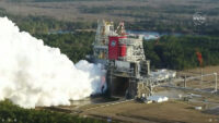 The core stage for the first flight of NASA’s Space Launch System rocket is seen in the B-2 Test Stand during a hot fire test Jan. 16, 2021, at NASA’s Stennis Space Center near Bay St. Louis, Mississippi. (NASA Television)